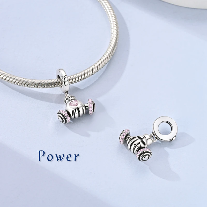 925 Sterling Silver Dumbbell Hand Dangle Charm Girl Power Symbol Women Fitness Gym Pendant Fit Charm Bracelet DIY Jewelry Gift