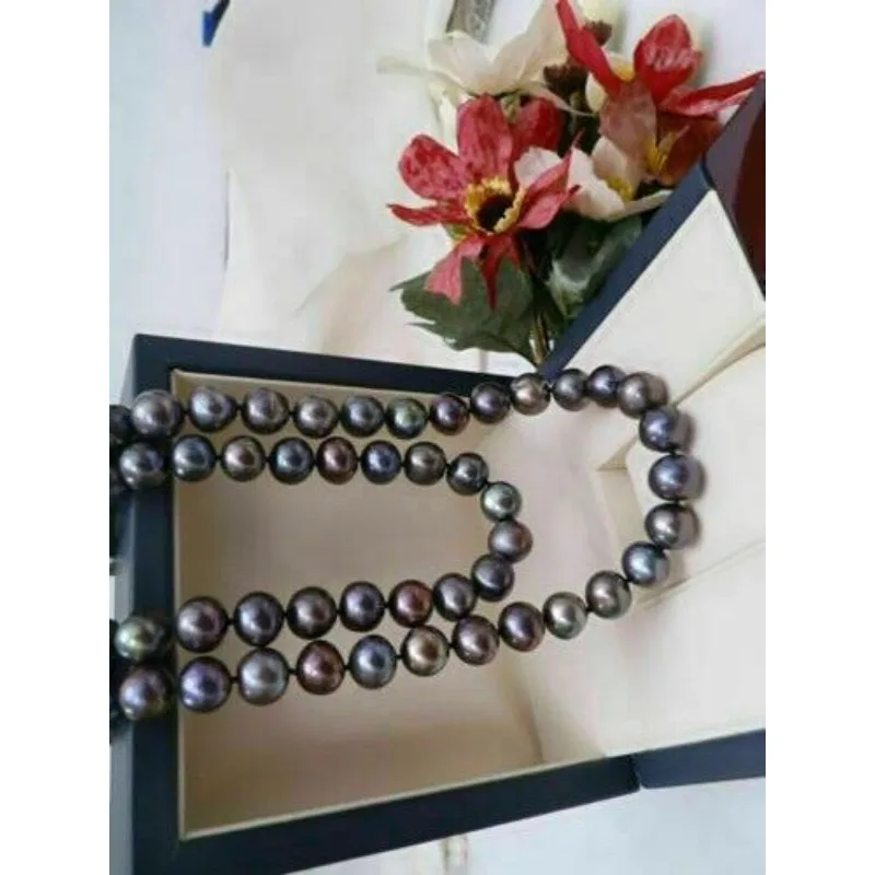 Elegant 9-10mm AAAA+ Natural Tahitian Black Women's Pearl Necklace 22 Inch 14k Buckle -