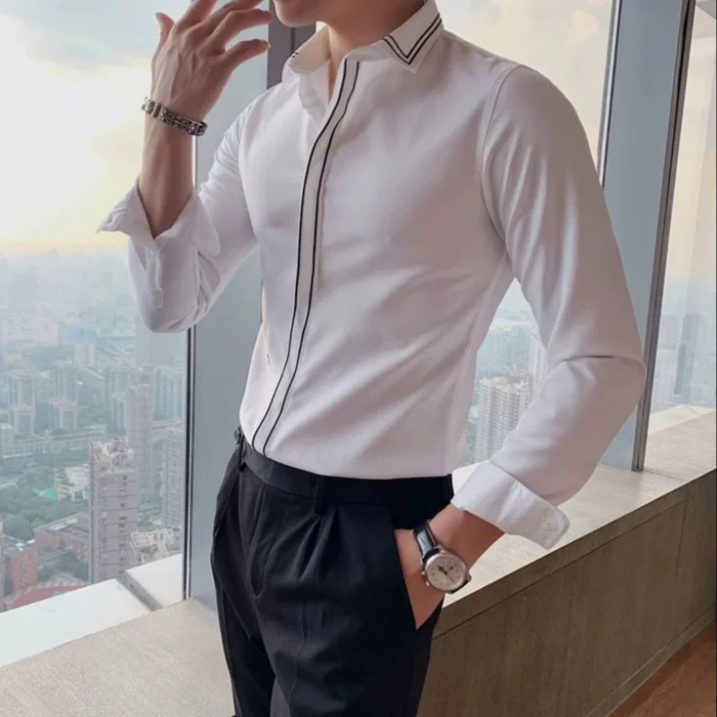 

​ Мужская рубашка с длинным рукавом, черно-белая в полоску, со скрытой планкой, приталенная, деловая повседневная, с вышивкой, модный топ ​