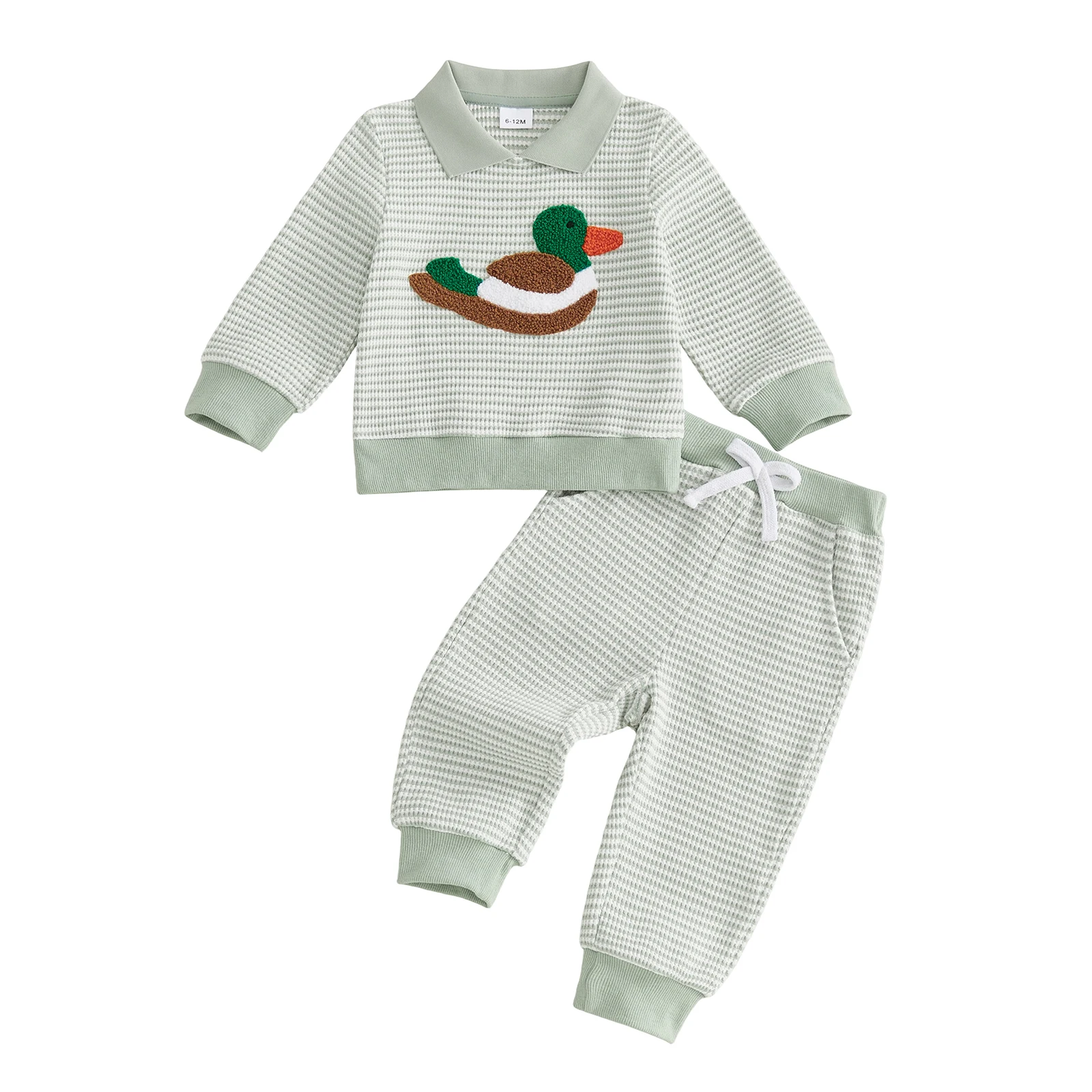 Baby Boy Fall Waffle Outfit Funny Duck Embroidery Striped Turn-Down Collar Sweatshirt and Elastic Pants for Toddler