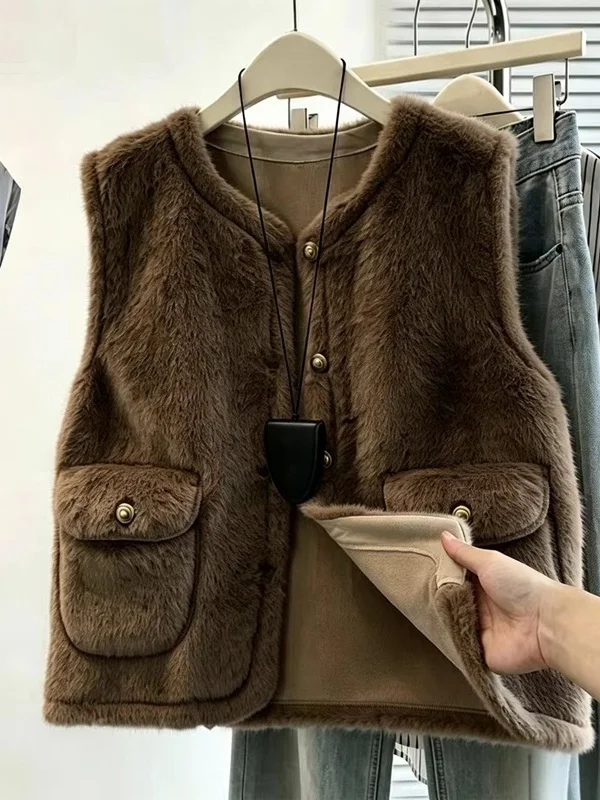Authentic Fall Winter Loose Lightweight Warm No-Sleeve Large Size Faux Fur Vest Comfortable Outerwear Regular Length