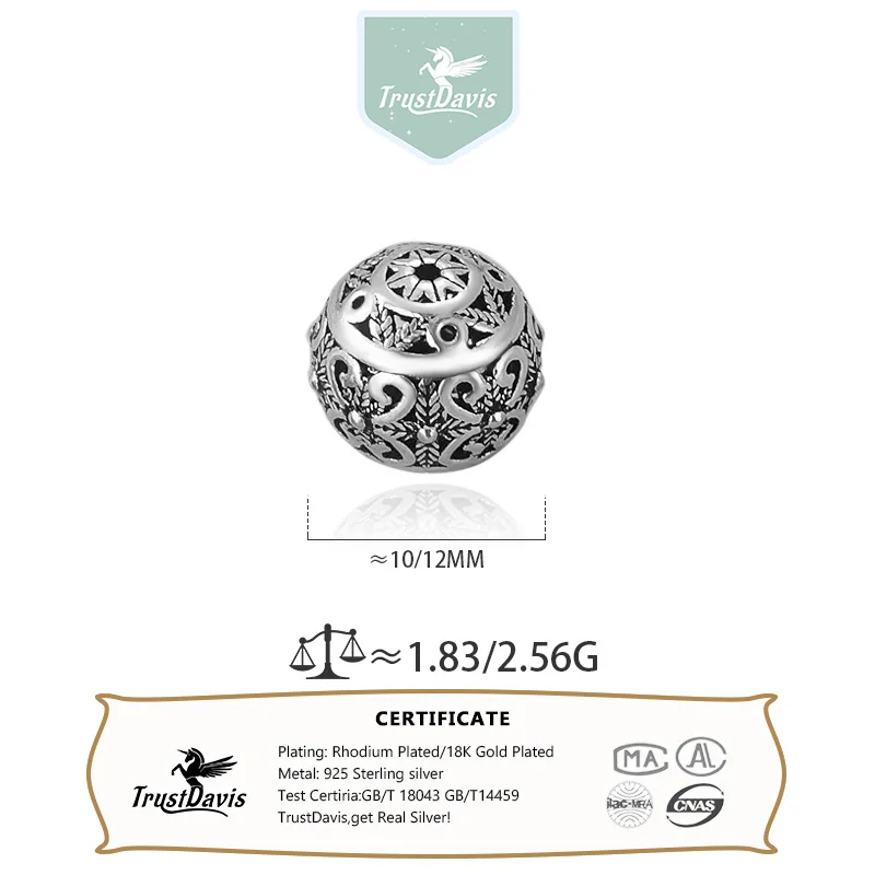 TrustDavis Real 925 Sterling Silver Retro Round Pattern Charm Interval Bead DIY Fit Necklace Bracelet Accessories Jewelry DZ693