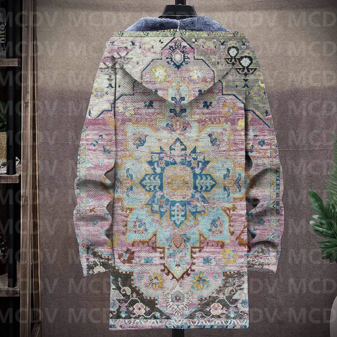 Men's Retro Flower Print Plush Thick Long-Sleeved Coat Fleece Hooded Overcoat Unisex Thick Warm Jacket