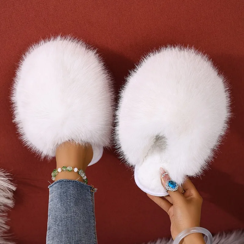 Women's Fashion Fur Slippers Fluffy Cute Plush New Winter Women Flip Flops Anti Slip Durable Flat Bottom Slippers Slides Women