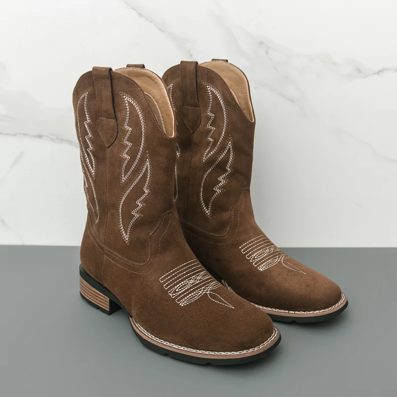 Men's Suede Western Cowboy Boots Embroidered Mid Calf Non Slip Block Heel Casual Outdoor Shoes