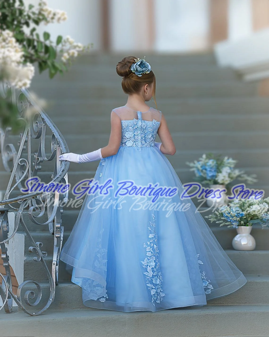 Sleeveless ball gown Blue patterned princess dress Flower Girl Dress for Birthday party dance Performances Formal Receptions