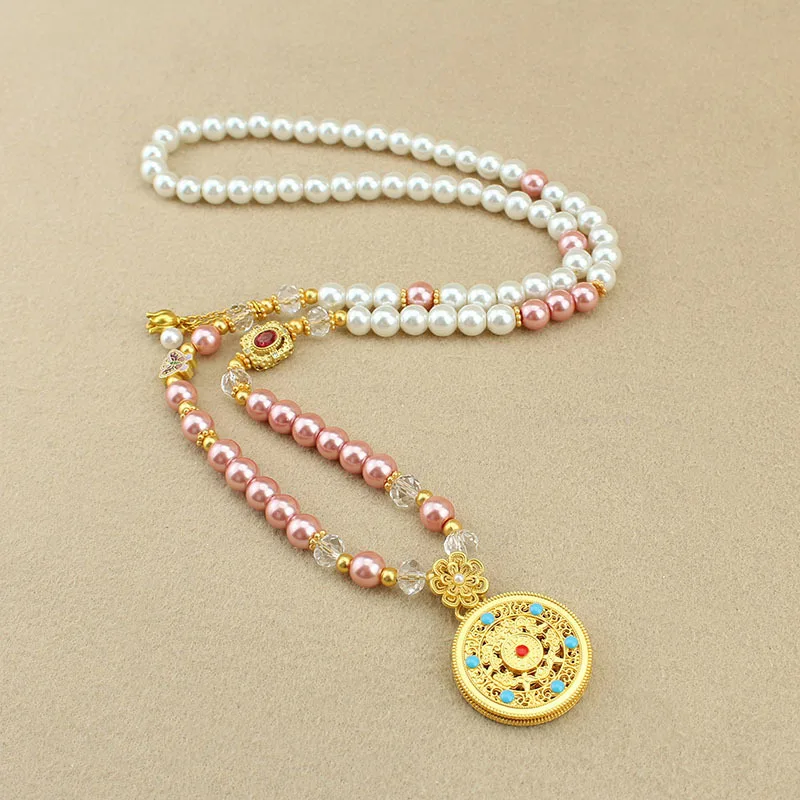 DIY accessories Wufu round brand pendant imitation pearl necklace women's new Chinese style long sweater chain antique cheongsam