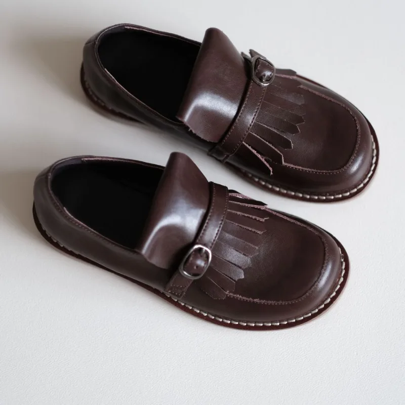 New Brown Cowhide Tassel Retro Leather Shoes Boys Children Leather Shoes Girls Loafers Genuine Leather Handmade Baby Kids Shoes