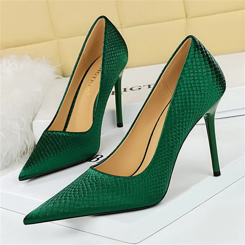 BIGTREE Spring Autumn Stylish Sexy Party Heels Pointed Casual Slim Woman Pumps Fish Scale Grain Wedding Stripper Pinte Shoe