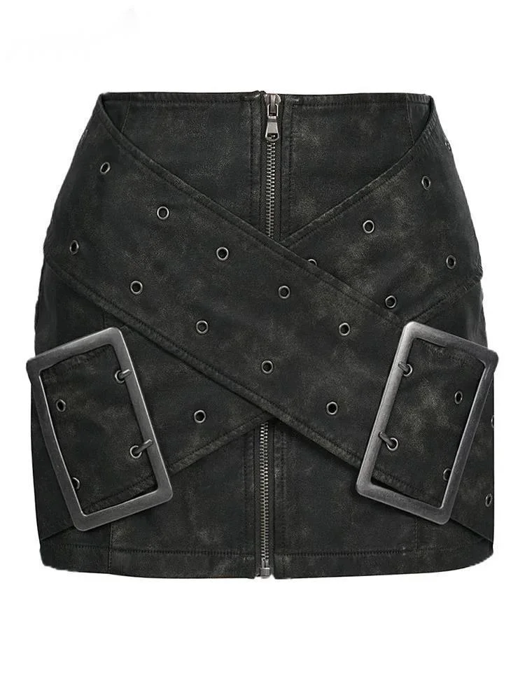 

High Waist Green Big Buckle Cross Hollow Out Vintage Mini Half-body Skirt Women Fashion Tide New Spring Autumn