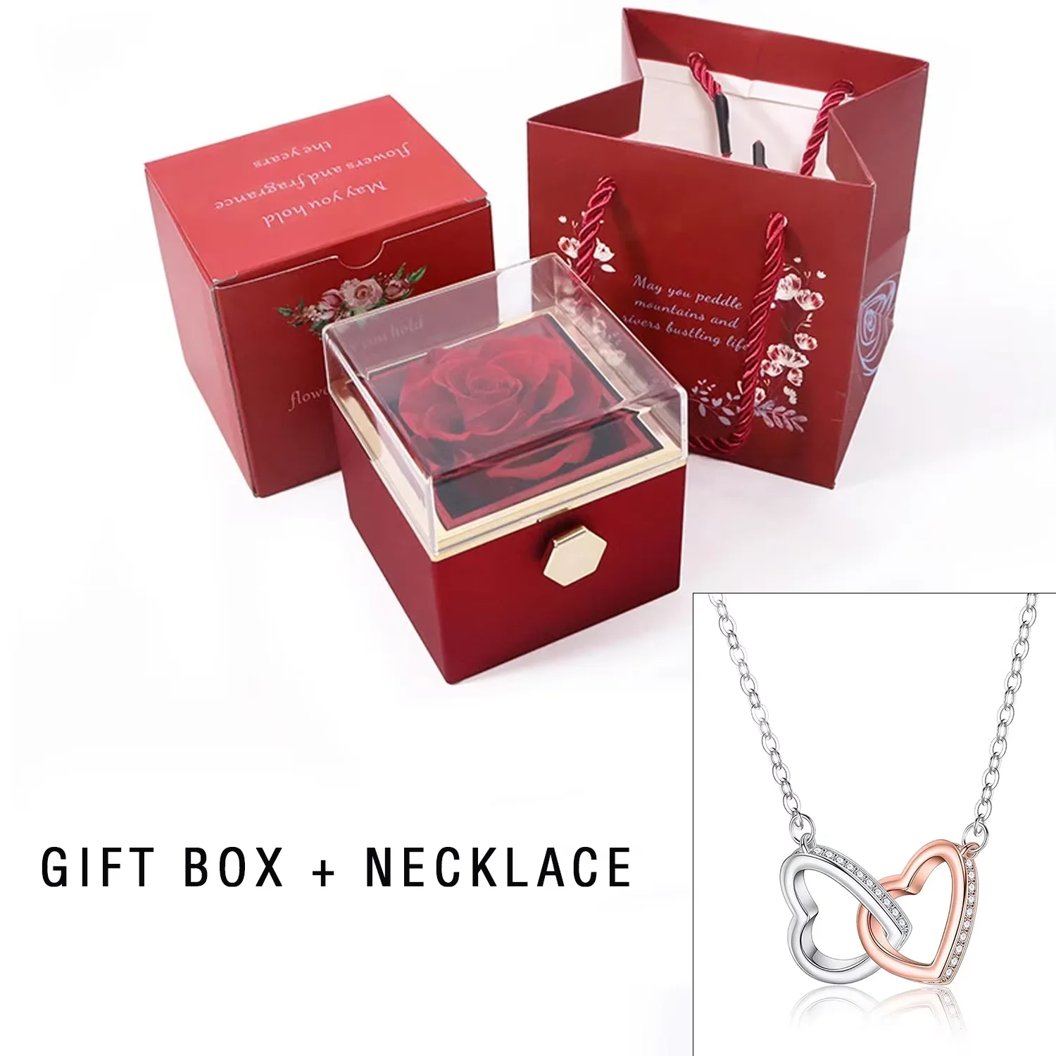 Eternal Rose Box With Heart Necklace For Mom Rotating Rose Flower Rose Creative Rotating Rose Jewelry Packaging Box Mother's day