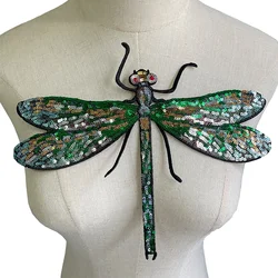 1 Piece Green Sequined Dragonfly Design Patch Fashion Shining Iron On Patch for Clothing DIY Accessories