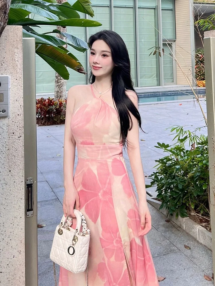 Summer New Floral Print ter Ne Long Dr Beach Vaion Fairy Sle Women's Dr A-Line Skirt Svel Gown