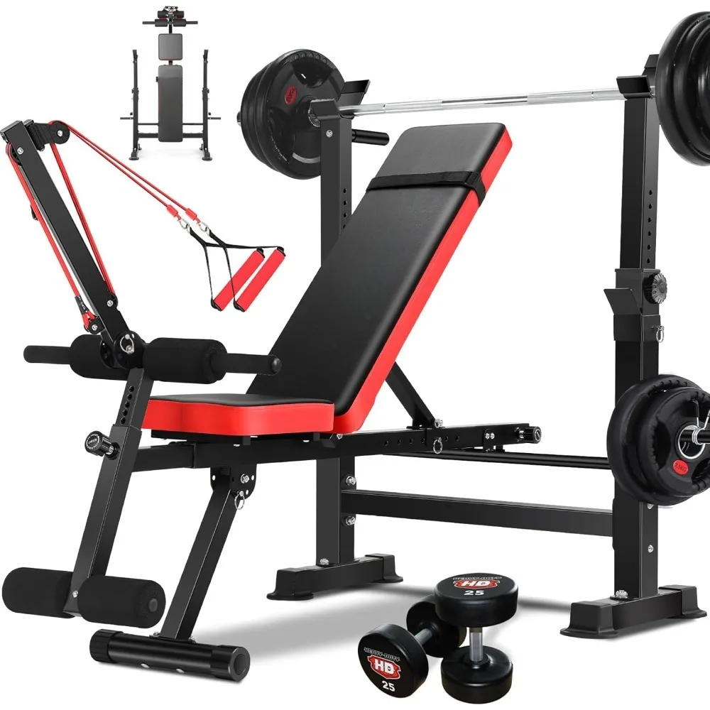 600LBS 6 in 1 Weight Bench Set, Adjustable Benchs Press Set and Squat Rack, Incline Decline Flat Sit Up Strength Training Bench