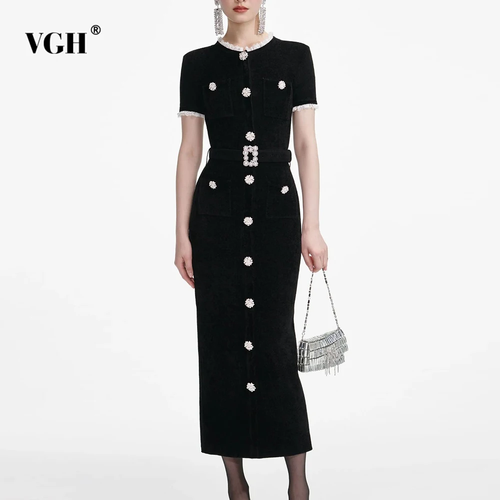 VGH Temperament Vintage Slimming Solid Dresses For Women Round Neck Short Sleeve High Waist Elegant Dress Female Fashion Style