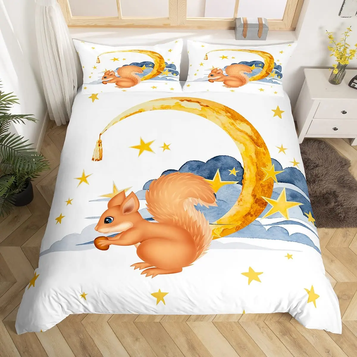 Lovely Squirrel Duvet Cover Cartoon Animal Starry Sky Moon Universe Blue Cloud Bedding Set Watercolor Painted Art Quilt Cover