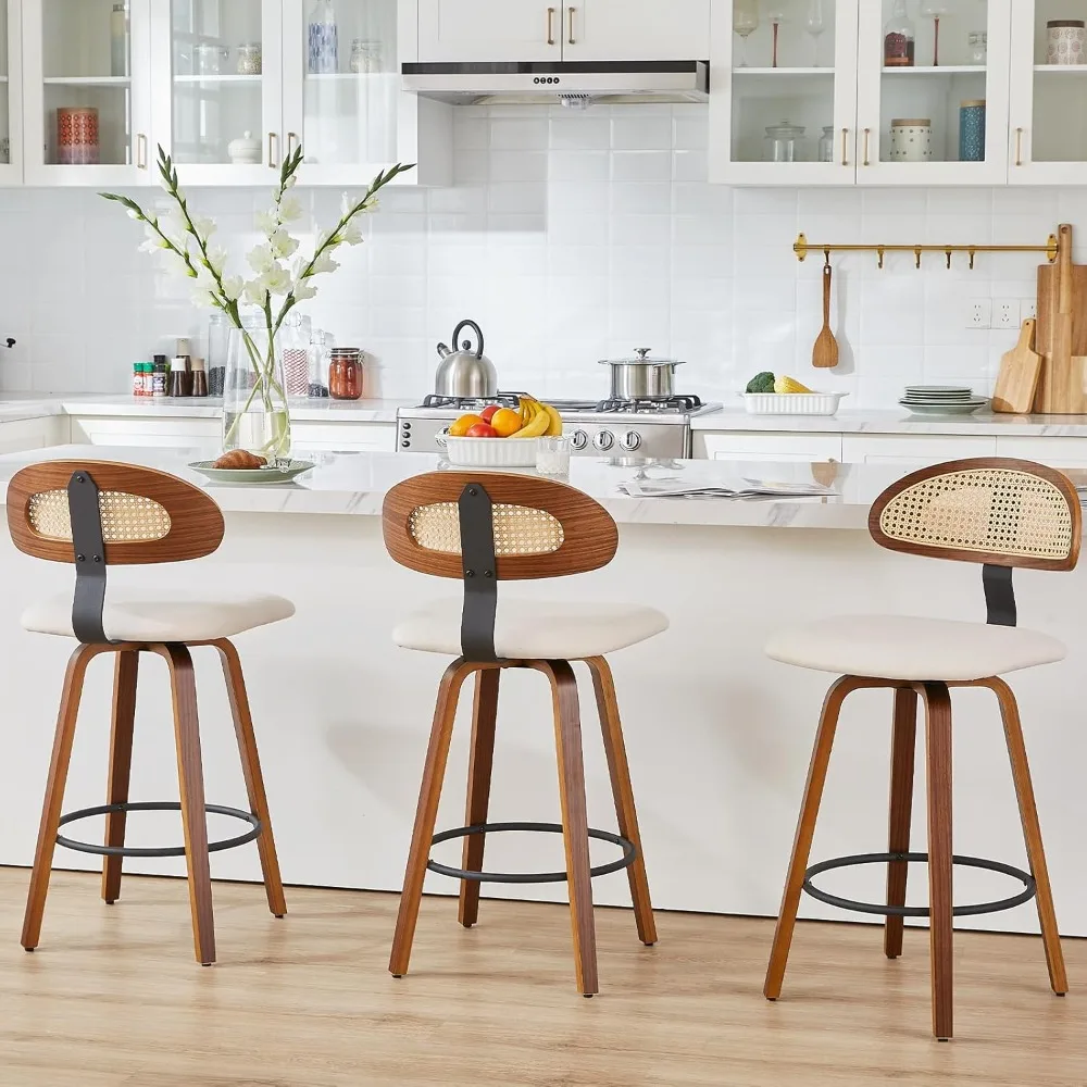 

Swivel Counter Height Bar Stools Set of 3, 26" Upholstered Seat Barstools with Rattan Back, Bentwood Frame Mid Century Modern Ba