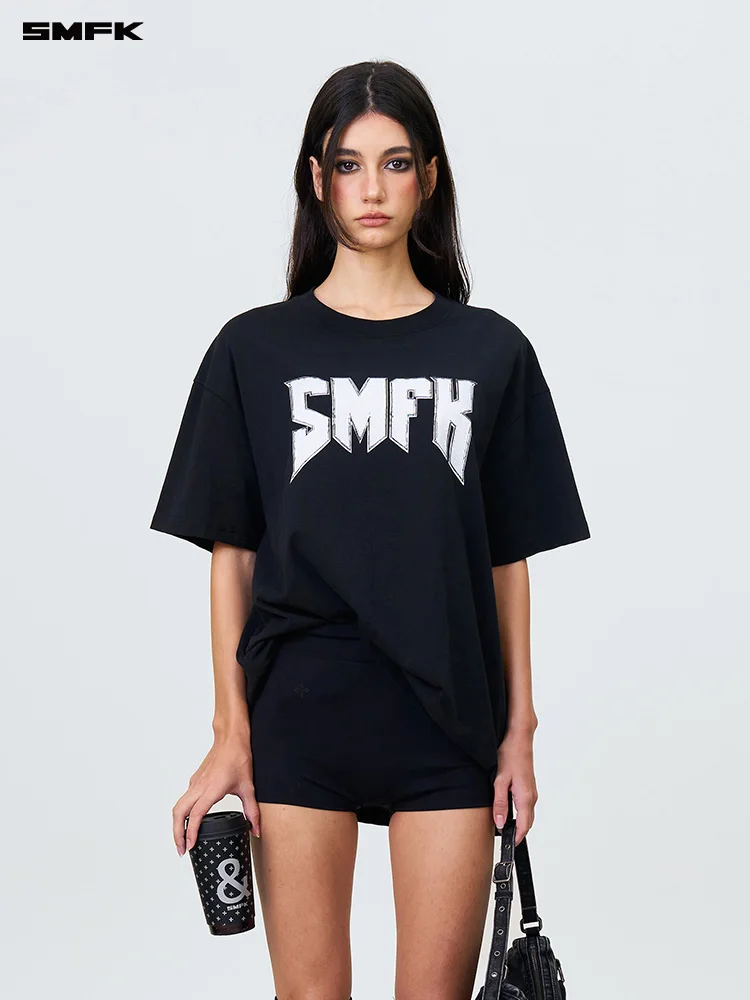 SMFK  Letter Printing T-Shirt Metal Rock Vintage Short Sleeve Women and Men Couple Sports Tops Summer Casual Wide Body Tees