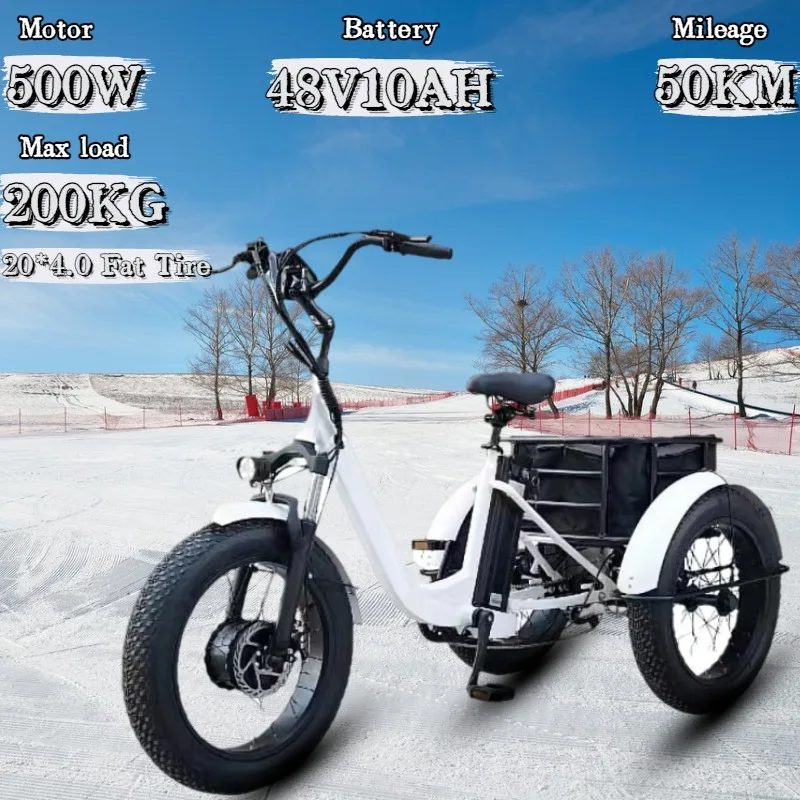 New Electric Tricycle 500W Motor 48V 10AH Lithium Battery 20*4.0 Fat Tire Snow E-Bike Adult Urban Travel Cargo Electric Tricycle