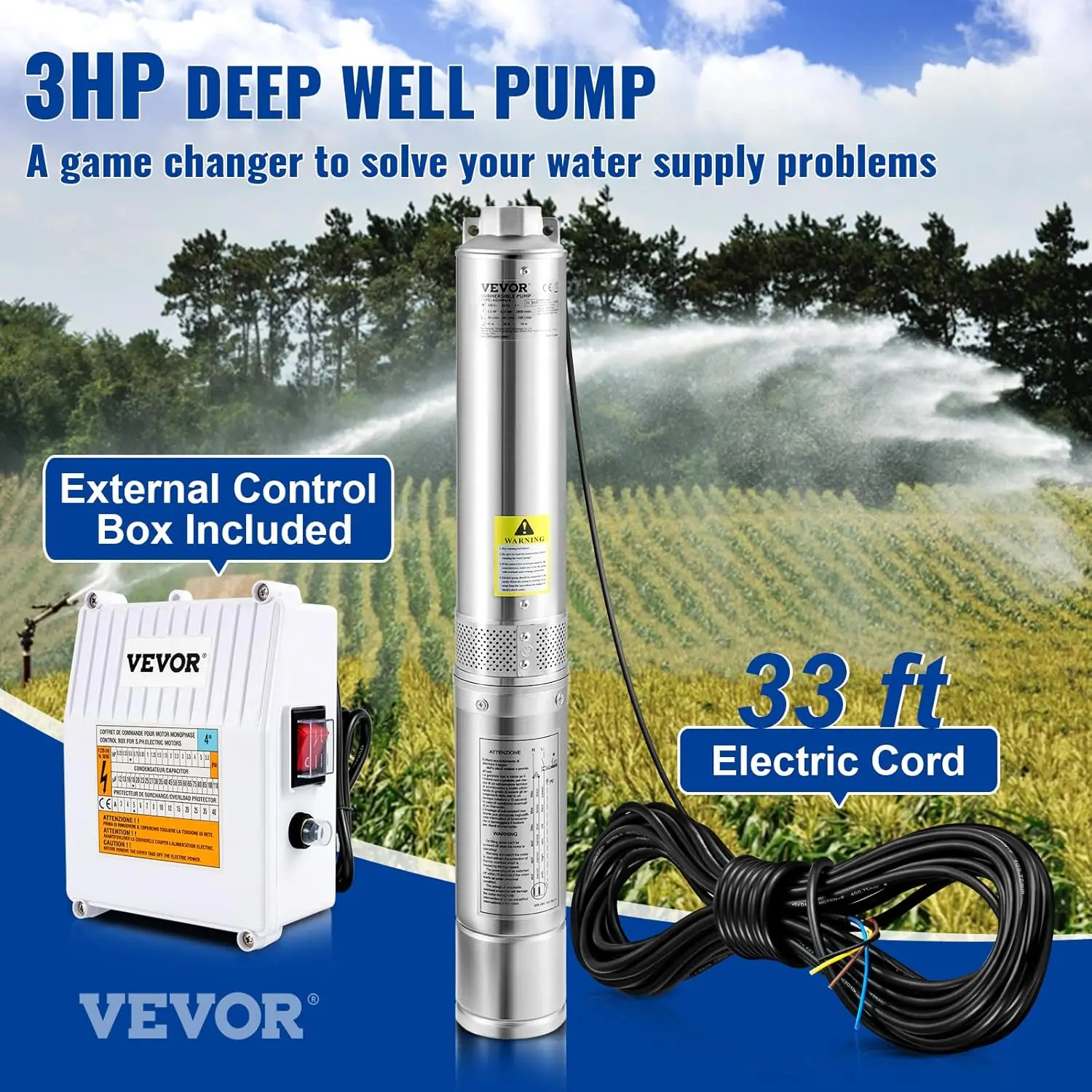 Deep Well Submersible Pump, 3HP 230V/60Hz, 37GPM 640 ft Head, with 33 ft Cord & External Control Box, 4 inch Stainless Steel Wat