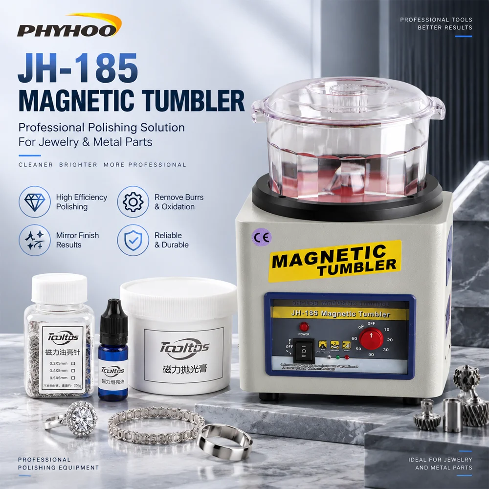 PHYHOO JH185 Magnetic Tumbler Jewelry Polishing Machine 60W 2000RPM 110V 220V Metal Polisher Deburring Cleaner With 200g Pins