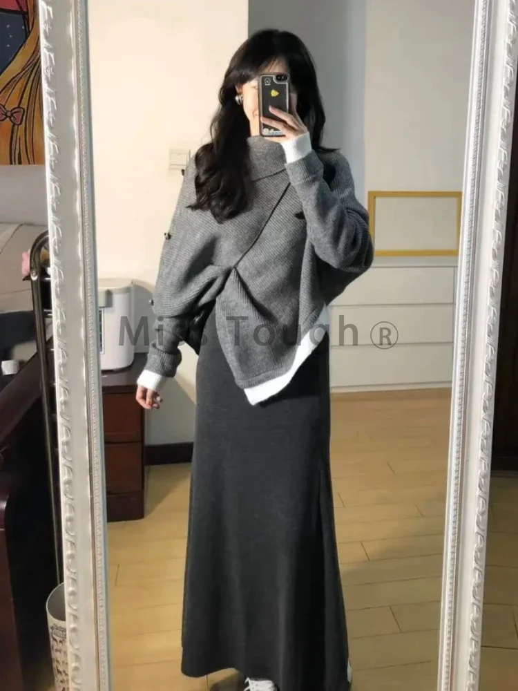 Autumn Winter Vintage Loose Knit 2-piece Set Women High Street Chic Irregular Long Sleeve Sweater + Elastic Waist Skirt Suit New