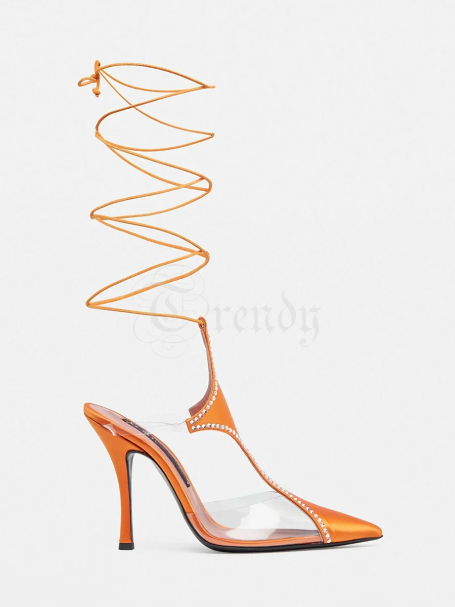 Orange Silk Pvc Sandals Women Heels Crystal Studded Satin Cutout Design Elegant Lace Calf Pointed Toe Cover Stiletto Dress Shoes