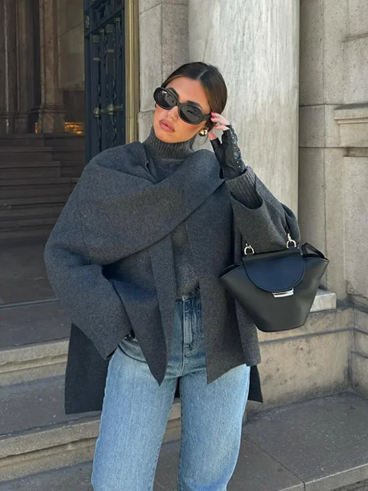 

Autumn Winter New Female Cape Solid Long Sleeve Knitted Coat Fashion Scarf Collar Warm Women Short Jacket Elegant Streetwear