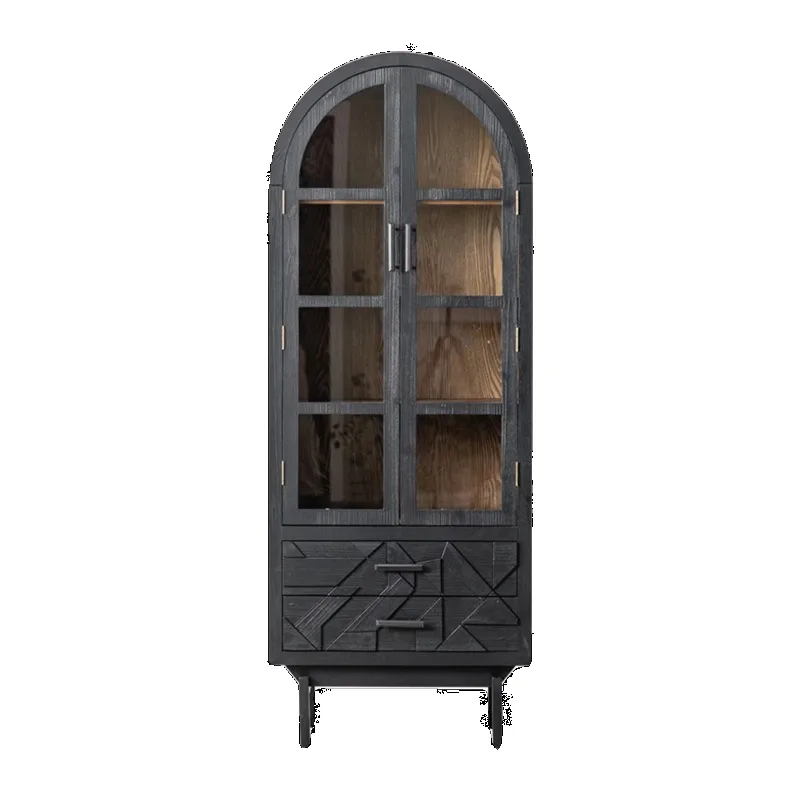 

Solid wood with glass door arched black engraved two-door cabinet wine cabinet integrated storage display cabinet