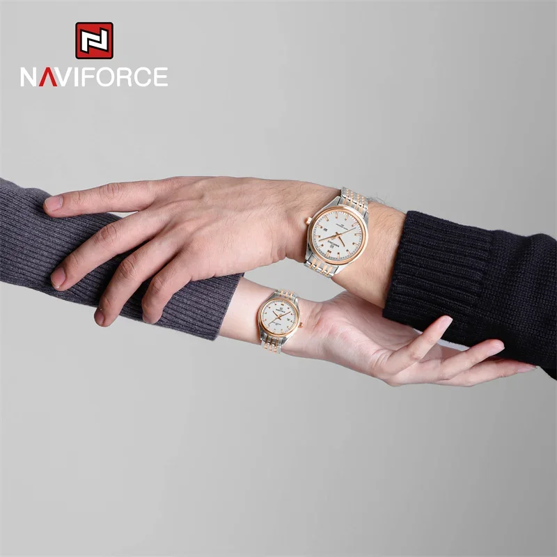 NAVIFORCE-relojes de cuarzo para pareja, correa de acero inoxidable, reloj de pulsera luminoso de negocios, masculino y femenino, resistente al agua