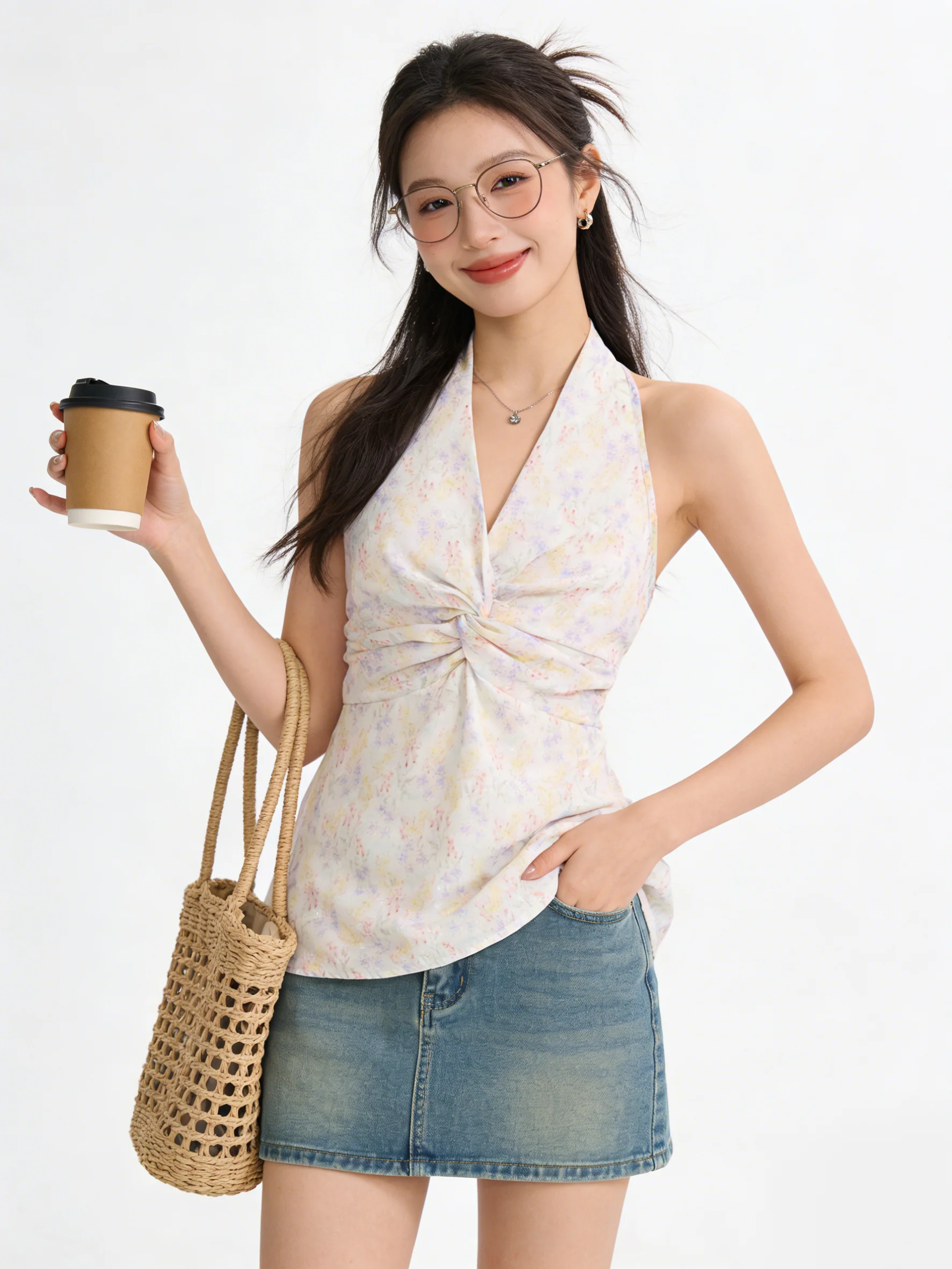 

Chic Floral Halter Neck Vest V-Neck Knot Design Slimming Bridesmaid Top Summer Breathable Short Korean Style Women's Tank Top