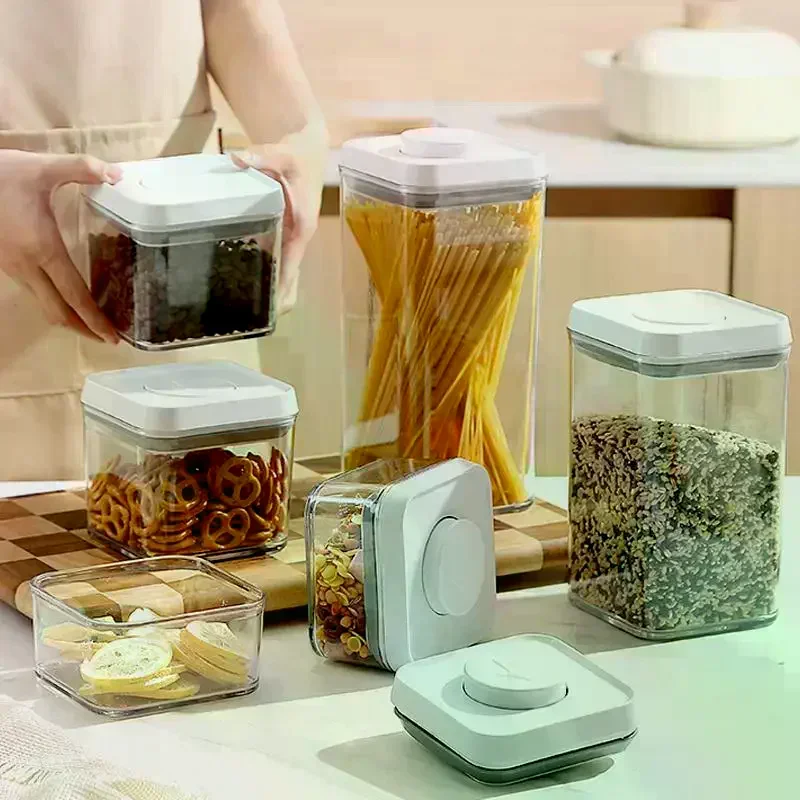 Cereal Container Kitchen Press-down Airtight Jars Clear Stackable Jar For Rice Grain Home Bakers Pantry Organizers Dried Fruits