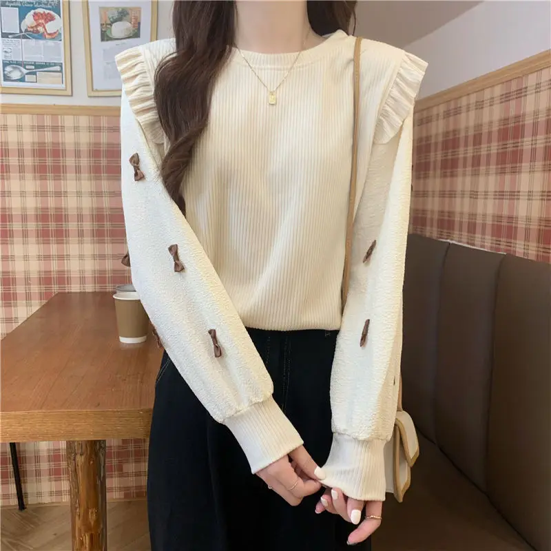 

Korean Contrasting Colors Bow Shirt Spring Autumn Fashion Ruffles Patchwork Female Clothing Long Sleeve Casual O-Neck Blouse New