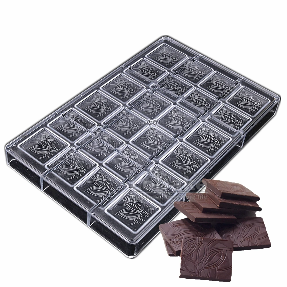 24 Cavities Thin Square Cube with Flower Grass Pattern PC Polycarbonate Chocolate Mold Ice Molds Candy Making DIY Baking Tools