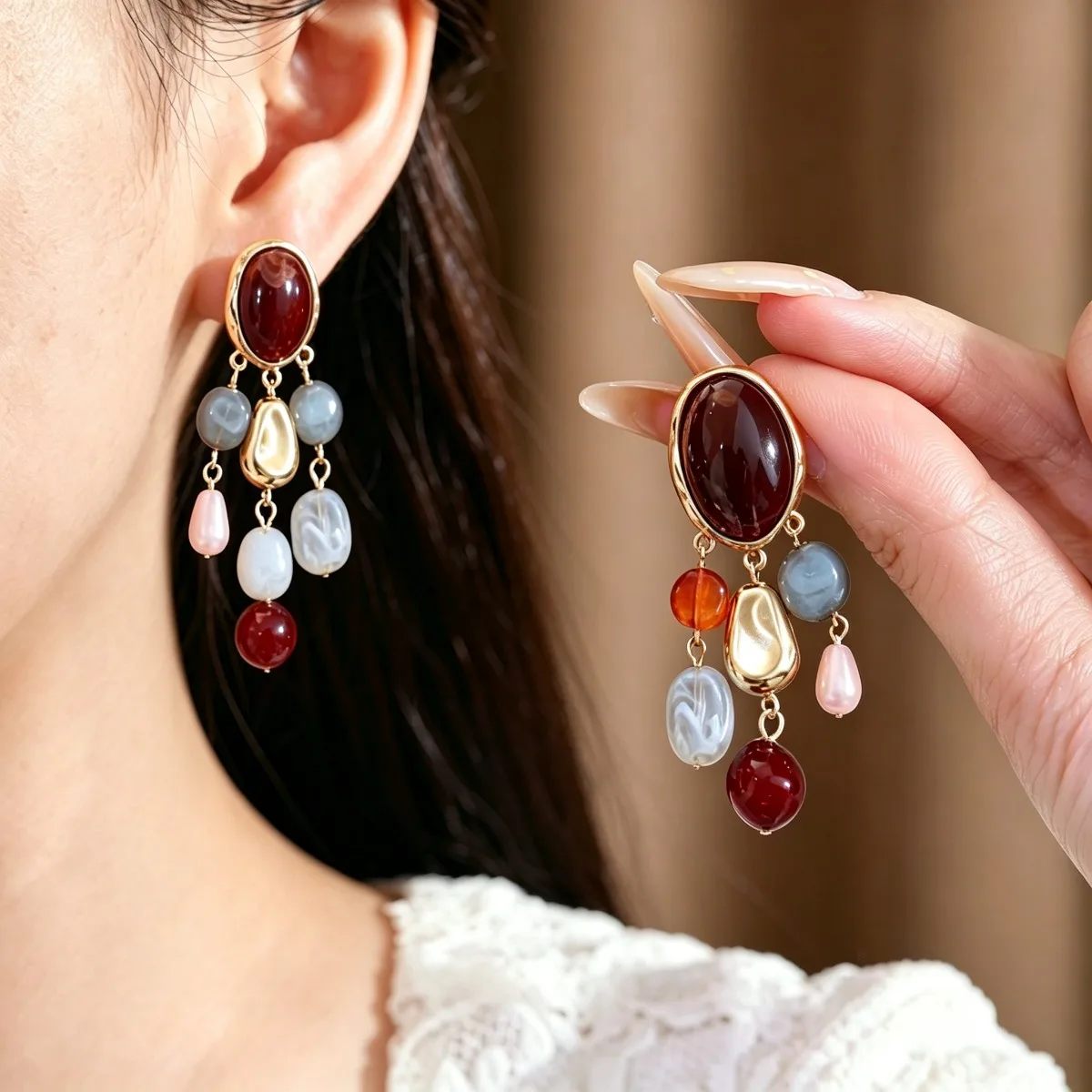 DOO MEI Vintage Multi-color Geometric Rein Bead Dangle Earrings Women Irregular Smudging Acrylic Tassel Drop Earrings Holiday
