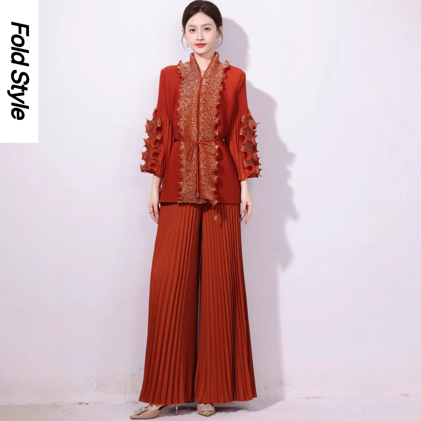 

Miyake со складками, осень 2023, новый изысканный костюм с рюшами и длинными рукавами, модные универсальные брюки для поездок на работу, комплект из двух предметов