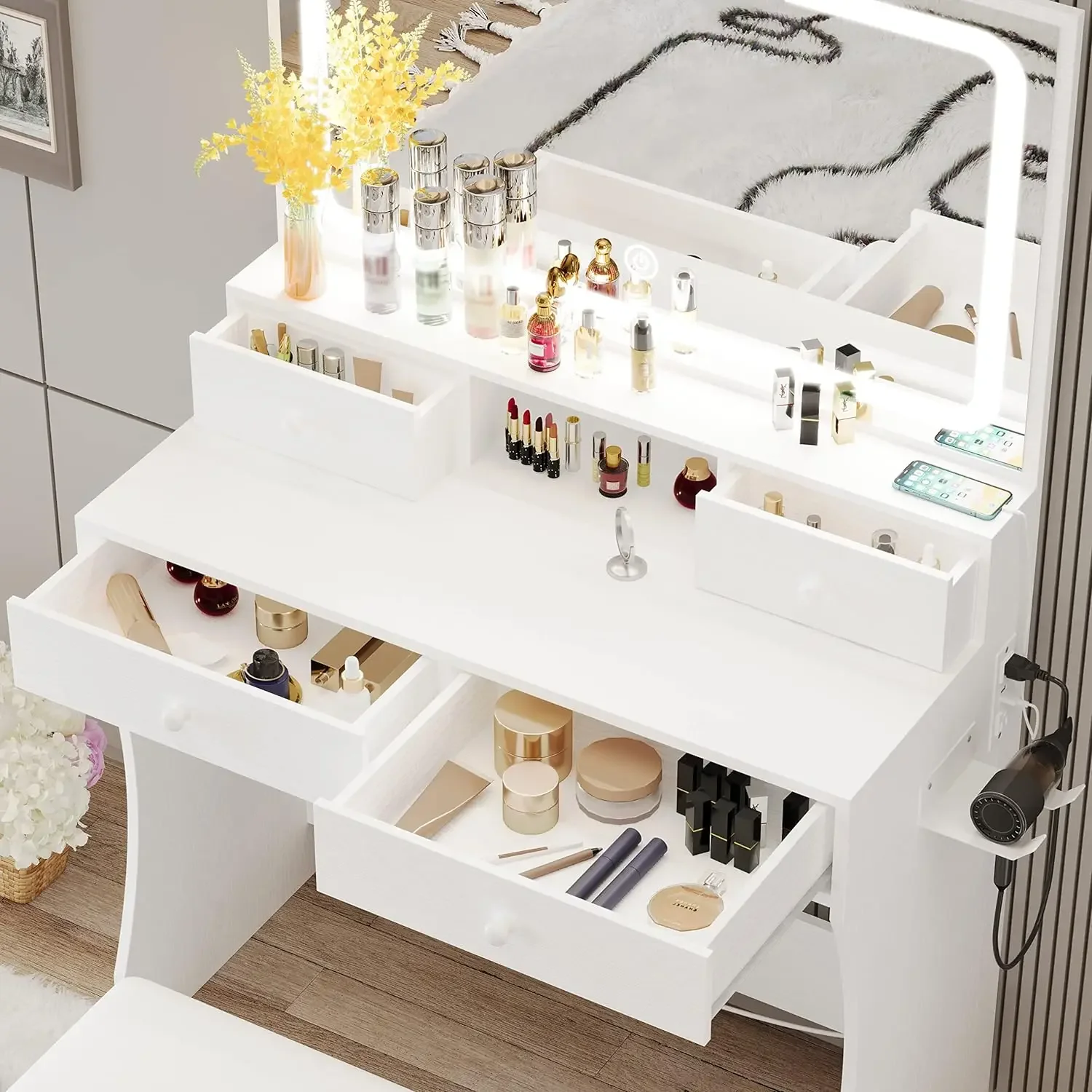 Vanity Desk with LED Lighted Mirror & Power Outlet & 4 Drawers White dressers  bedroom furniture