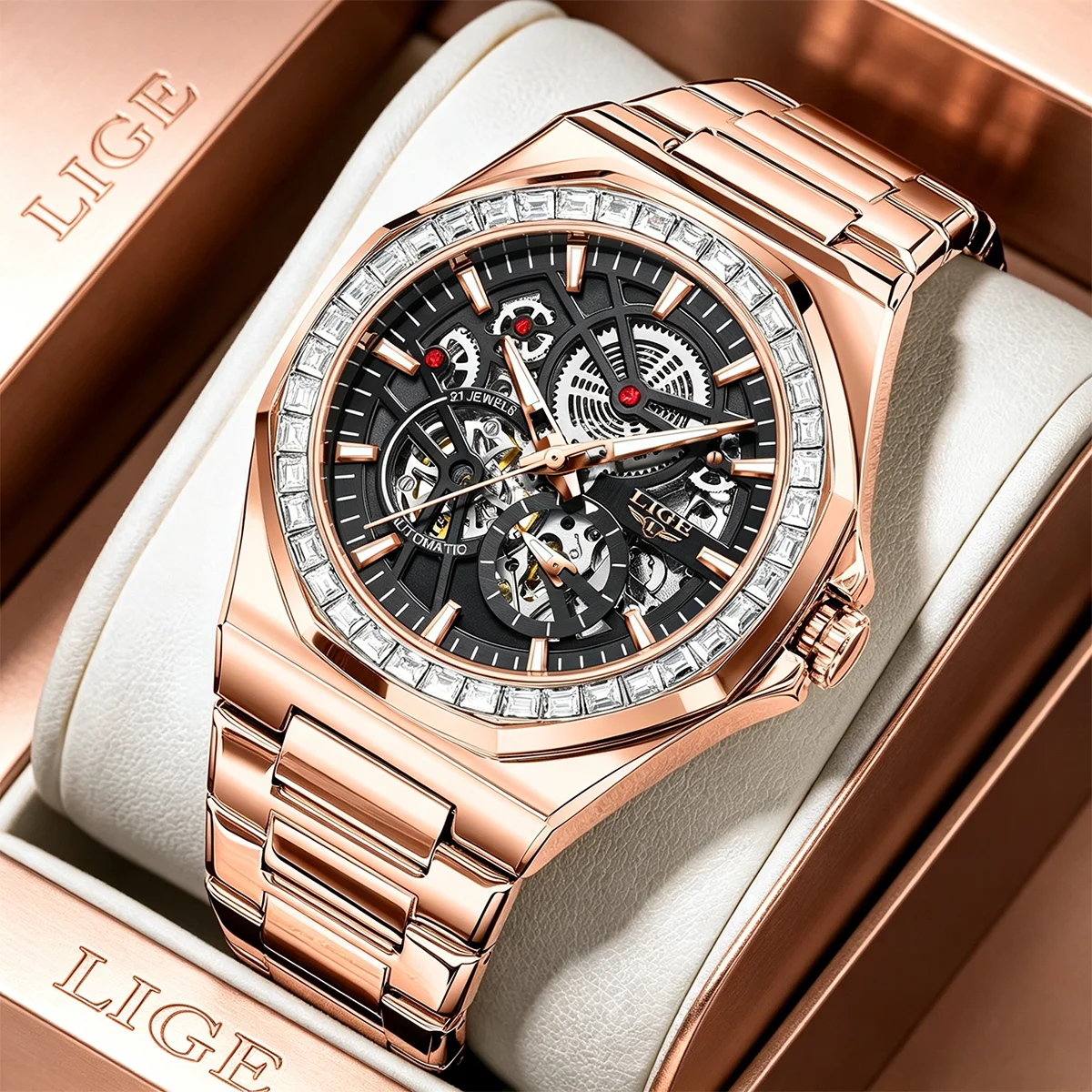 

LIGE New Men's Watch Rose Ring Luxury Automatic Mechanical Watches Luminous Waterproof Stainless Steel Strap Watch Reloj Hombre