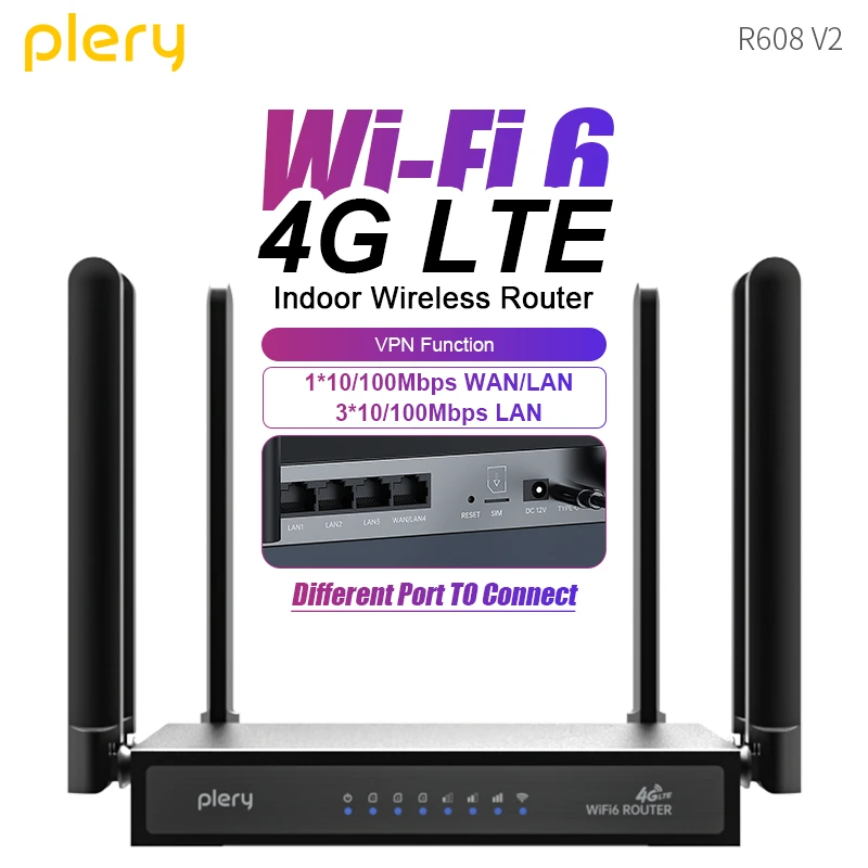 PLERY WiFi6 4G LTE Router with 4G SIM Card Support Home Office WiFi Modem 300Mbps Signal Booster with Four Antennas