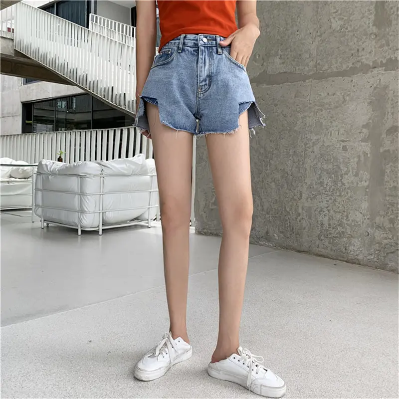 Women Fresh Low-waist Hot Stylish Irregular Solid Fur-trimmed Jeans Simple Loose Denim All Match Casual New Summer Blue Shorts