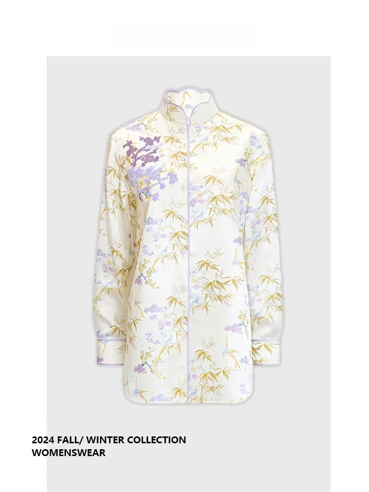 

Новая китайская блузка из бамбука с вышивкой Forever 2, весна-лето, новинка, с длинным рукавом, с цветочным принтом, для офиса и повседневной носки, модная