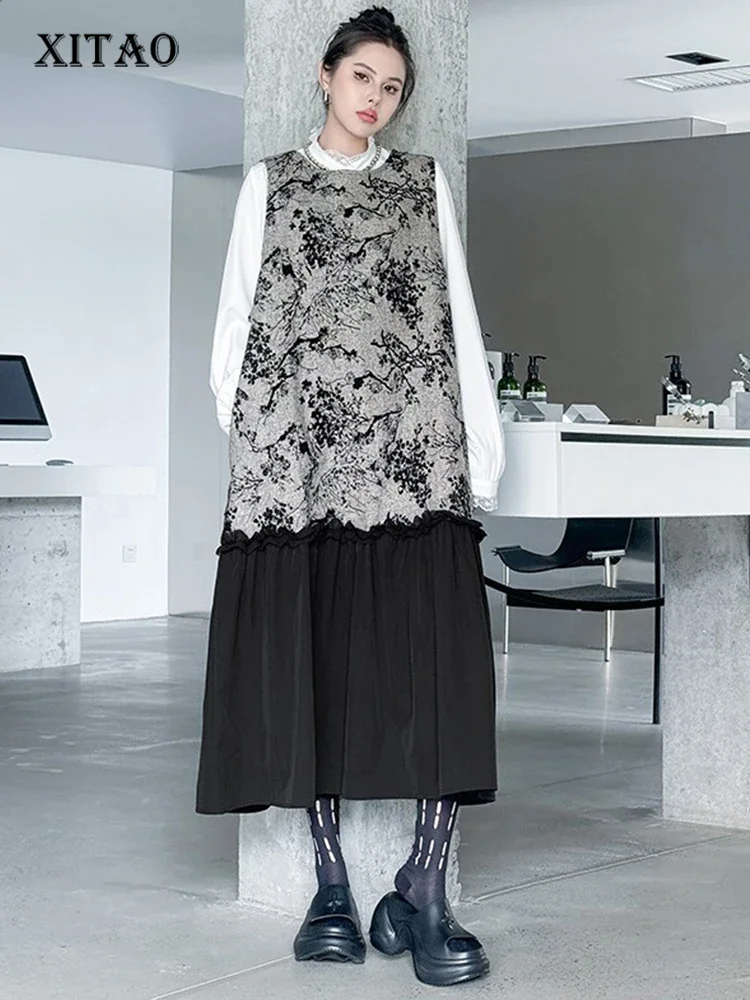

XITAO Patchwork Jacquard Pleats Dress O-neck Sleeveless A-line Elegant Vintage Slimming Temperament Mid-calf Women Dress GYX1403