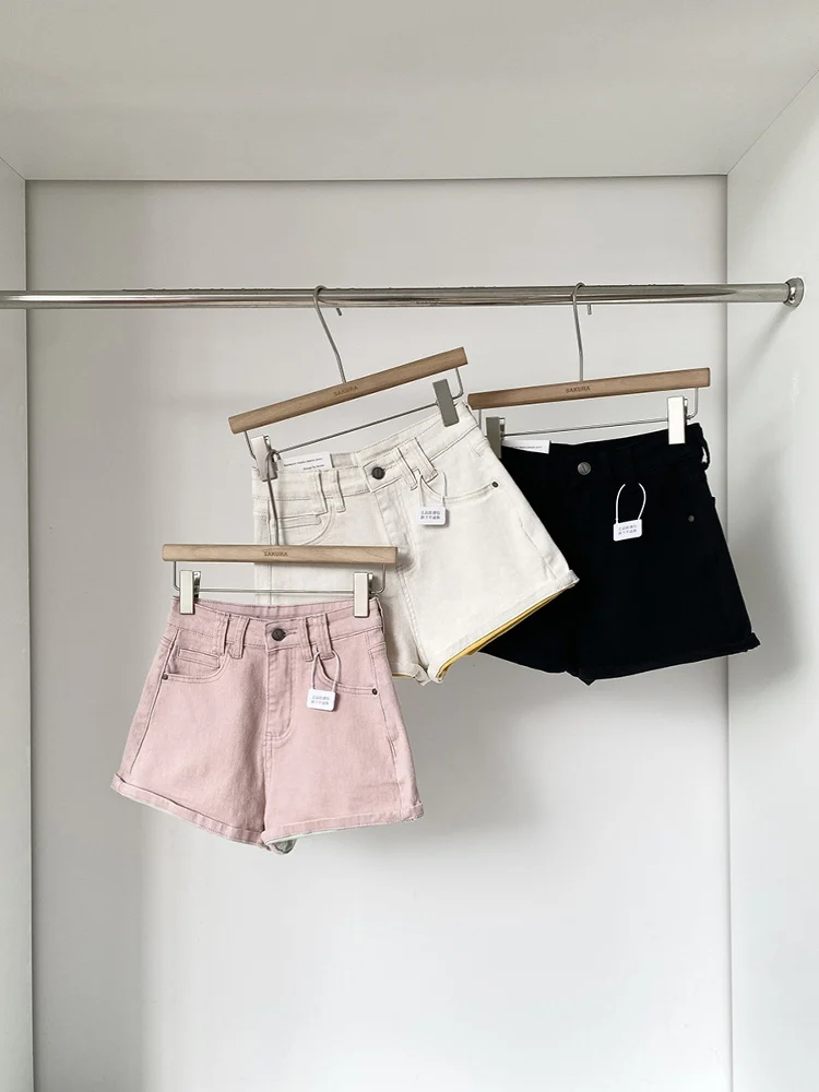 

Pink Denim ort Pants Women's Spring Summer Loose Slimming Wide Leg A-Line Hot Pants High Waist ort Length Casual Jeans