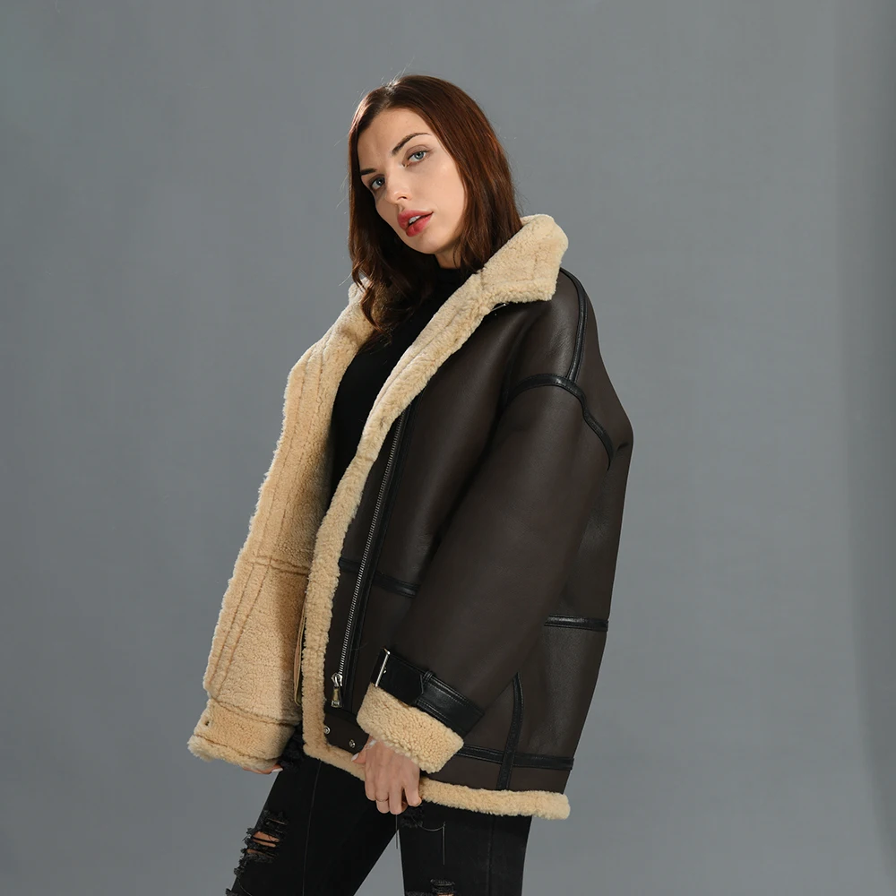 Luxyonuo Schapen Shearling Bont Jas Vrouwen Rits Winter Dikke Warme Lederen Jas Volledige Mouwen Bont Bovenkleding 2022 Nieuwe