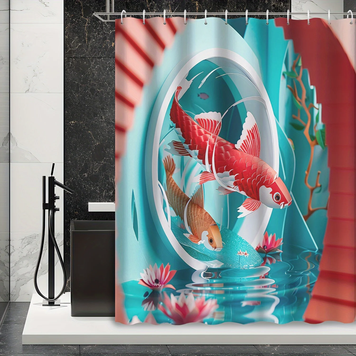 A Serene Koi Pond Shower Curtain: Bring the Tranquility of Nature into Your Bathroom with This Stunning Design Featuring