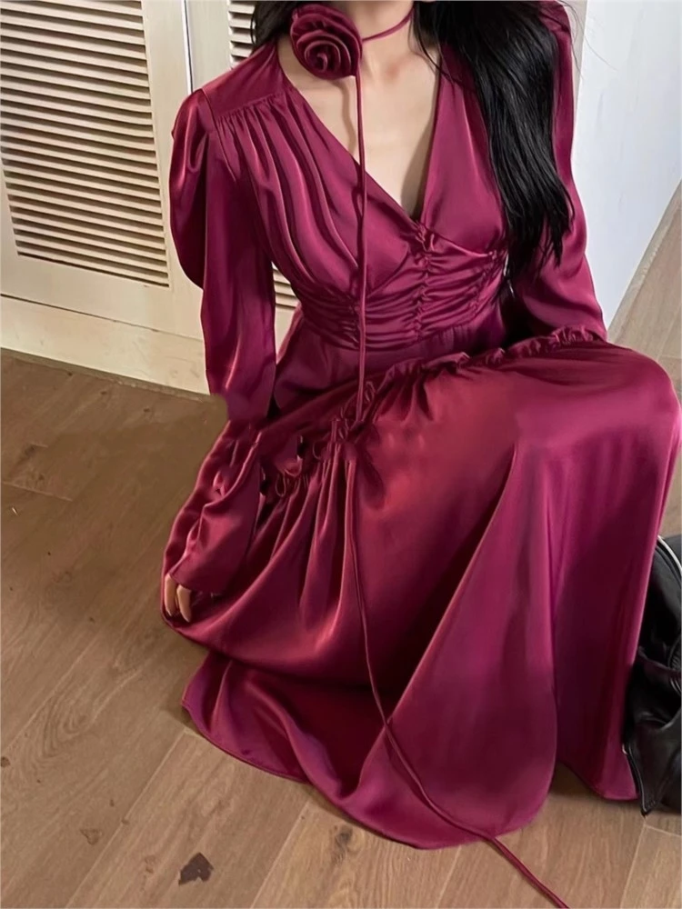 Autumn Satin Midi Dresses for Women Long Sleeve V-neck Folds Design A-line Korean Fashion Office Lady One Piece Vestidos New