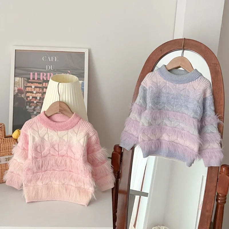 Trendy Furry Tassel Knitted Pullover for  Kids Girl Top Elegant Long Sleeve Princess Casual Sweaters Baby Winter Clothes GY11151