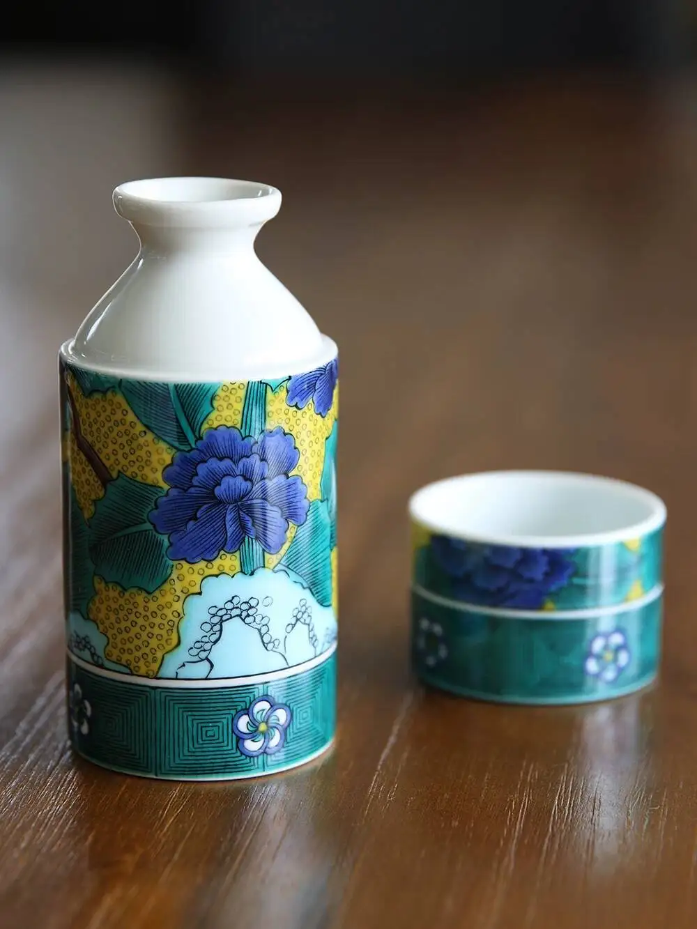 Japanese Imported Kutani Ware Qingjiao Kiln Set, Small Flask, Sake, White Wine, Plum Wine Vessel, Souvenir Gift