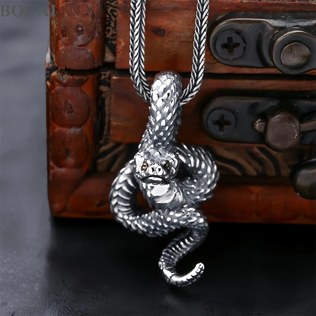 BOCAI S925 Sterling Silver Charms Pendants for Men Antique Creative Rattlesnake Punk Charm Fine Choice Jewelry Wholesale