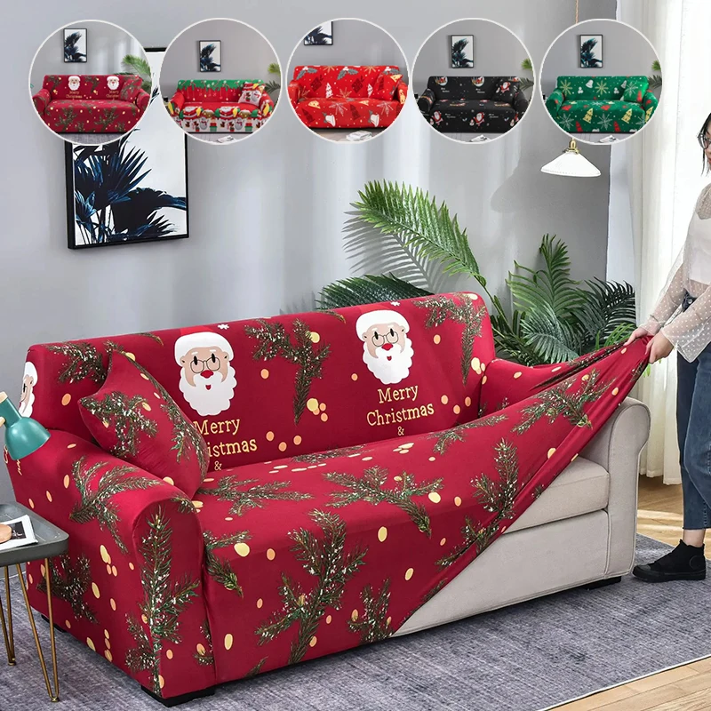 Christmas Decoration Sofa Cover Stretch Santa Claus Pattern 1/2/3/4 Seater Couch Slipcover Washable Furniture Protector Decor